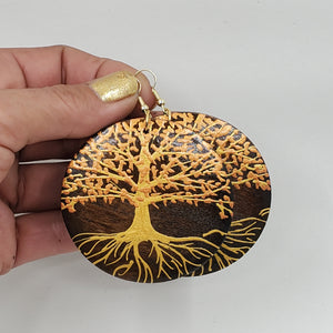 Tree of Life- gold and copper (handpainted wooden earrings) on dark brown wood. Boho