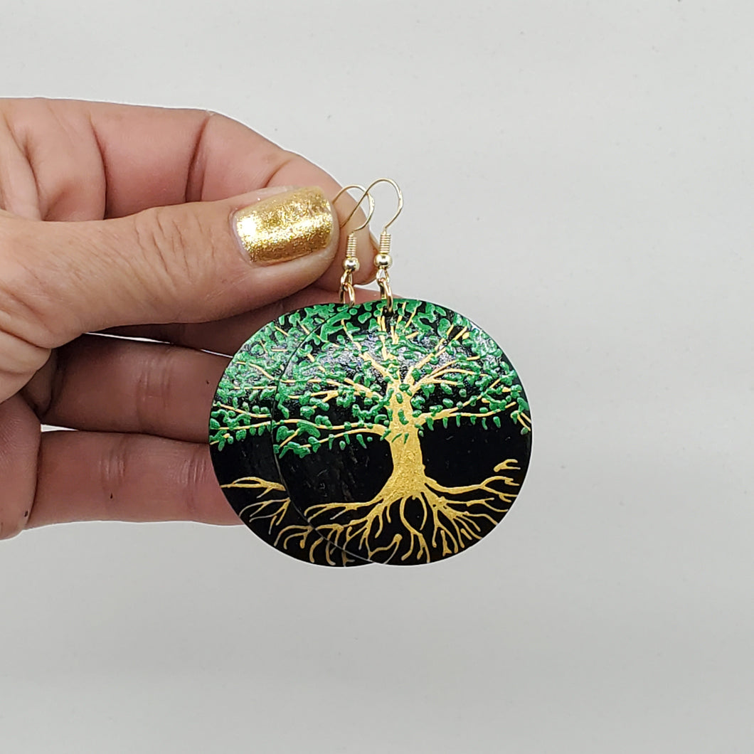 Tree of Life-  handpainted wood earrings - Gold and green on black. Boho