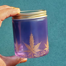 Load image into Gallery viewer, Hand Stained - Hand Painted glass nug jar - blue fading to purple (Ombre) with gold marijuana leaves and. Boho
