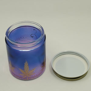 Hand Stained - Hand Painted glass nug jar - blue fading to purple (Ombre) with gold marijuana leaves and. Boho