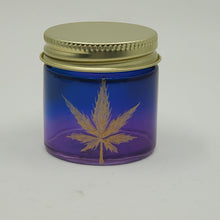 Load image into Gallery viewer, Hand Stained-Painted glass stash jar - purple fading to blue (ombre) with weed leaf painted in gold
