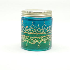 Hand Stained-Painted glass jar- green fading to blue (ombre) with intricate gold (henna style) designs. Bohemian centerpiece
