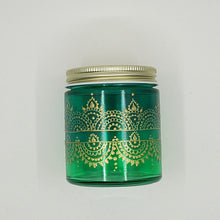 Load image into Gallery viewer, Hand Stained-Painted glass jar- 2 tones of green (ombre) with intricate gold (henna style) designs. Bohemian centerpiece
