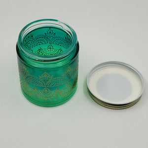 Hand Stained-Painted glass jar- 2 tones of green (ombre) with intricate gold (henna style) designs. Bohemian centerpiece