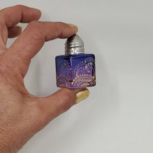 Load image into Gallery viewer, Mini Salt and Pepper shakers / perfume jars - Hand Stained &amp; Painted . Blue fading to purple with intricate gold henna boho designs in gold
