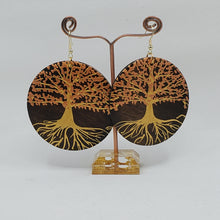 Load image into Gallery viewer, Tree of Life- gold and copper (handpainted wooden earrings) on dark brown wood. Boho
