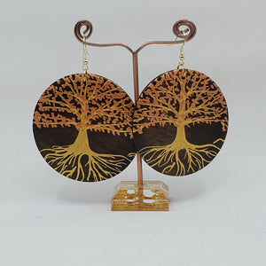 Tree of Life- gold and copper (handpainted wooden earrings) on dark brown wood. Boho