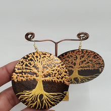 Load image into Gallery viewer, Tree of Life- gold and copper (handpainted wooden earrings) on dark brown wood. Boho
