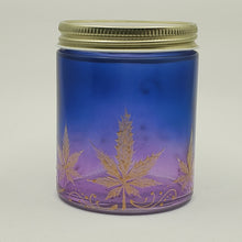 Load image into Gallery viewer, Hand Stained - Hand Painted glass nug jar - blue fading to purple (Ombre) with gold marijuana leaves and. Boho
