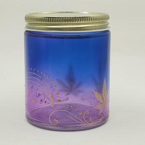 Hand Stained - Hand Painted glass nug jar - blue fading to purple (Ombre) with gold marijuana leaves and. Boho