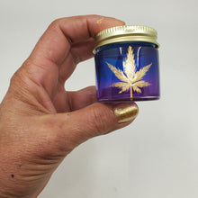 Load image into Gallery viewer, Hand Stained-Painted glass stash jar - purple fading to blue (ombre) with weed leaf painted in gold
