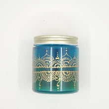 Load image into Gallery viewer, Hand Stained-Painted glass jar- green fading to blue (ombre) with intricate gold (henna style) designs. Bohemian centerpiece
