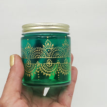 Load image into Gallery viewer, Hand Stained-Painted glass jar- 2 tones of green (ombre) with intricate gold (henna style) designs. Bohemian centerpiece
