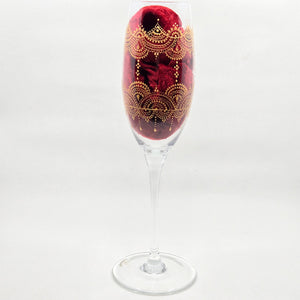 Hand Painted crystal champagne glass/ flute- intricate henna inspired art in Gold wrapping all around the glass.