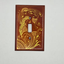 Load image into Gallery viewer, Hand Painted wood Switch plate /cover plate for Toggle switch - Oversized. Gold henna inspired designs on Cherry stained wood
