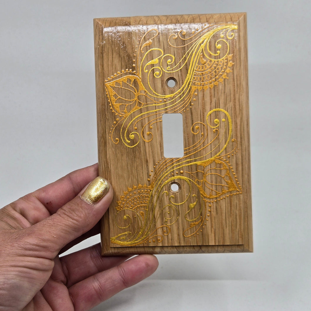 Hand Painted wood Switch plate /cover plate for Toggle switch - Oversized. Gold henna inspired designs on Oak finished wood