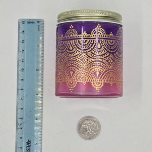 Hand Stained - Hand Painted glass jar - pink fading to purple (ombre) with intricate gold (henna style) designs.