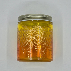 Hand Stained - Hand Painted glass jar - orange fading to yellow (ombre) with intricate gold (henna style) designs.