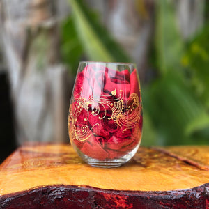 Hand Painted Sacred Goddess Chalice Goblet Wine Glass . Goddess figure with moon cycles and intricate gold (henna style) designs- Stemless