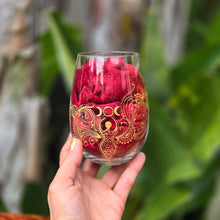Load image into Gallery viewer, Hand Painted Sacred Goddess Chalice Goblet Wine Glass . Goddess figure with moon cycles and intricate gold (henna style) designs- Stemless
