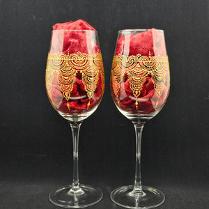 Hand Painted crystal wine glassess - intricate henna inspired art in Gold.