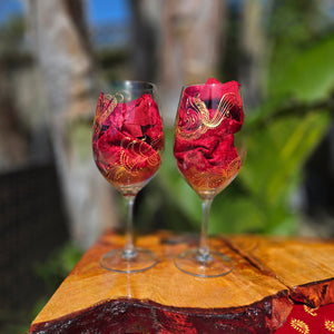 Hand Painted crystal wine glasses - intricate henna inspired art in Gold.