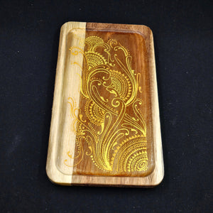 Small Wood Rolling Tray, Smoke Accessory,  Rolling Station with intricate henna inspired designs sealed with resin. Stylish and elegant.