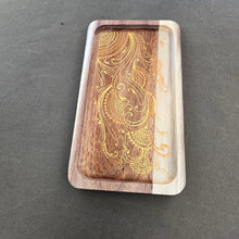 Load image into Gallery viewer, Small Wood Rolling Tray, Smoke Accessory,  Rolling Station with intricate henna inspired designs sealed with resin. Stylish and elegant.
