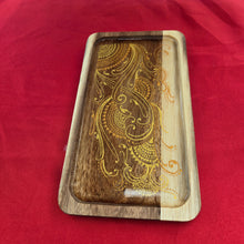 Load image into Gallery viewer, Small Wood Rolling Tray, Smoke Accessory,  Rolling Station with intricate henna inspired designs sealed with resin. Stylish and elegant.
