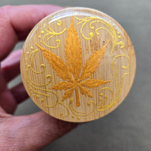 Load image into Gallery viewer, Stash Jar. Hand painted weed leaf with henna inspired art painted in gold. Airtight, straight sided, portable nug jar
