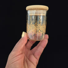 Load image into Gallery viewer, Stash Jar. Hand painted glass jar with henna inspired art painted in gold. Airtight, straight sided, portable nug jar
