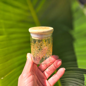 Stash Jar. Hand painted glass jar with henna inspired art painted in gold. Airtight, straight sided, portable nug jar