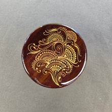 Load image into Gallery viewer, Wood Ashtray hand painted with intricate henna inspired designs. smoking accessory. removable stainless steel insert. covered ashtray

