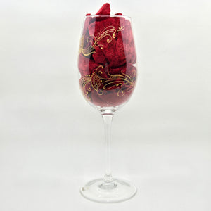 Hand Painted Crystal wine glass. Intricate gold henna inspired art winding around the entire glass.