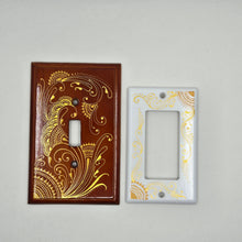 Load image into Gallery viewer, Hand Painted wood Switch plate /cover plate for Toggle switch - Oversized. Gold henna inspired designs on Cherry stained wood
