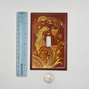 Hand Painted wood Switch plate /cover plate for Toggle switch - Oversized. Gold henna inspired designs on Cherry stained wood