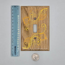 Load image into Gallery viewer, Hand Painted wood Switch plate /cover plate for Toggle switch - Oversized. Gold henna inspired designs on Oak finished wood
