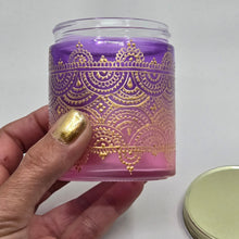 Load image into Gallery viewer, Hand Stained - Hand Painted glass jar - pink fading to purple (ombre) with intricate gold (henna style) designs.
