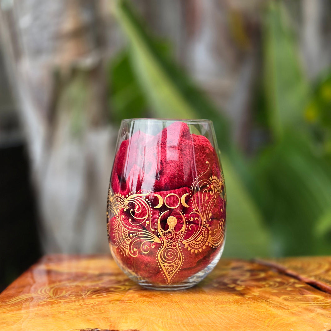 Hand Painted Sacred Goddess Chalice Goblet Wine Glass . Goddess figure with moon cycles and intricate gold (henna style) designs- Stemless