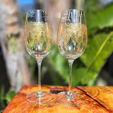Load image into Gallery viewer, Hand Painted crystal wine glassess - intricate henna inspired art in Gold.
