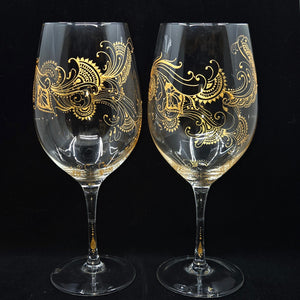 Hand Painted crystal wine glasses - intricate henna inspired art in Gold.