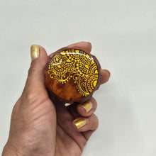 Load image into Gallery viewer, Small 4 part Herb Grinder with Kief catcher. Hand painted henna designs on imitation wood. Sharp teeth, magnetic closure with smooth grinding
