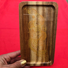 Load image into Gallery viewer, Small Wood Rolling Tray, Smoke Accessory,  Rolling Station with intricate henna inspired designs sealed with resin. Stylish and elegant.
