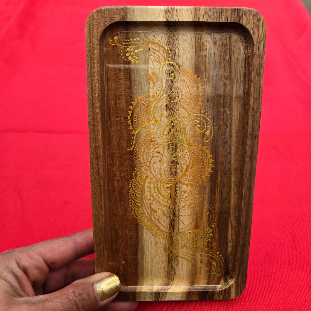 Small Wood Rolling Tray, Smoke Accessory,  Rolling Station with intricate henna inspired designs sealed with resin. Stylish and elegant.