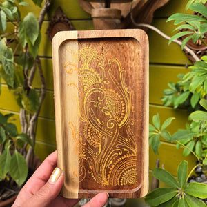 Small Wood Rolling Tray, Smoke Accessory,  Rolling Station with intricate henna inspired designs sealed with resin. Stylish and elegant.