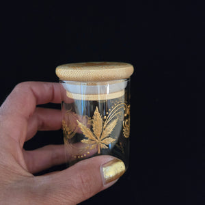 Stash Jar. Hand painted weed leaf with henna inspired art painted in gold. Airtight, straight sided, portable nug jar