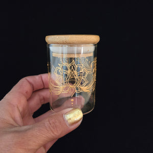 Stash Jar. Hand painted lotus with henna inspired art painted in gold. Airtight, straight sided, portable nug jar
