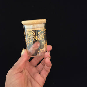 Stash Jar. Hand painted lotus with henna inspired art painted in gold. Airtight, straight sided, portable nug jar