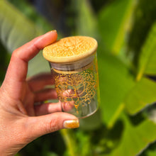 Load image into Gallery viewer, Stash Jar. Hand painted lotus with henna inspired art painted in gold. Airtight, straight sided, portable nug jar
