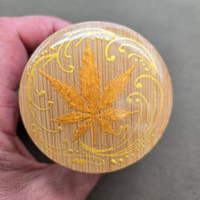 Load image into Gallery viewer, Stash Jar. Hand painted weed leaf with henna inspired art painted in gold. Airtight, straight sided, portable nug jar
